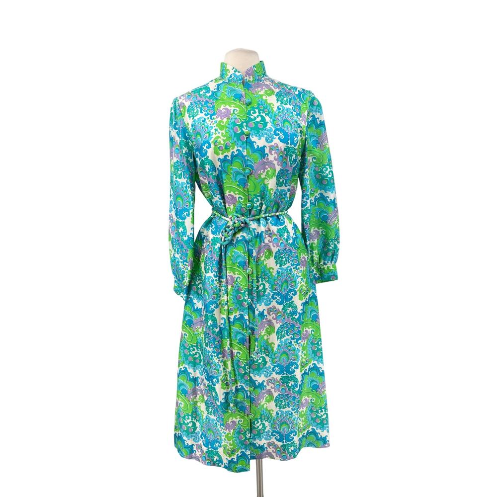 Vintage Hand Woven 100% Thai Silk Kaftan Dress S/M Mandarin Collar Psychedelic
